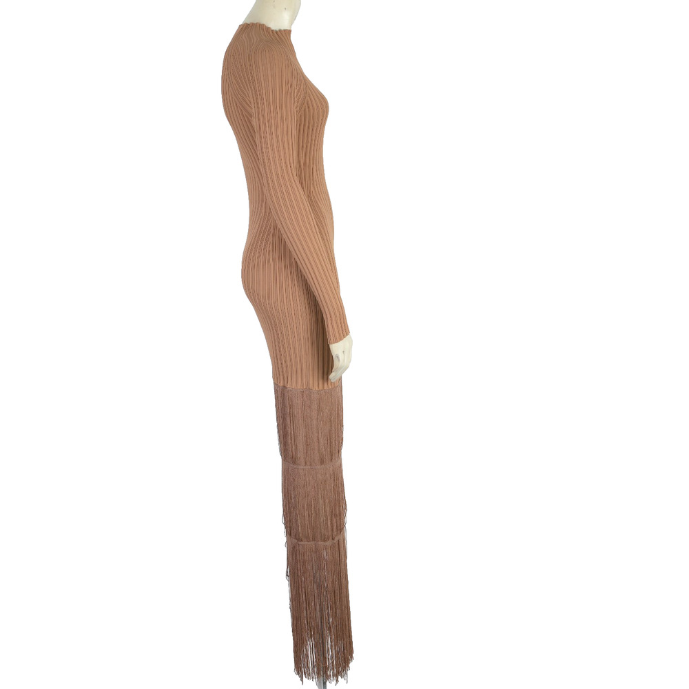 KHAITE The Cedar Fringed Ribbed Knit Long Sleeve Maxi Dress Camel Tan Size S - Picture 5 of 15